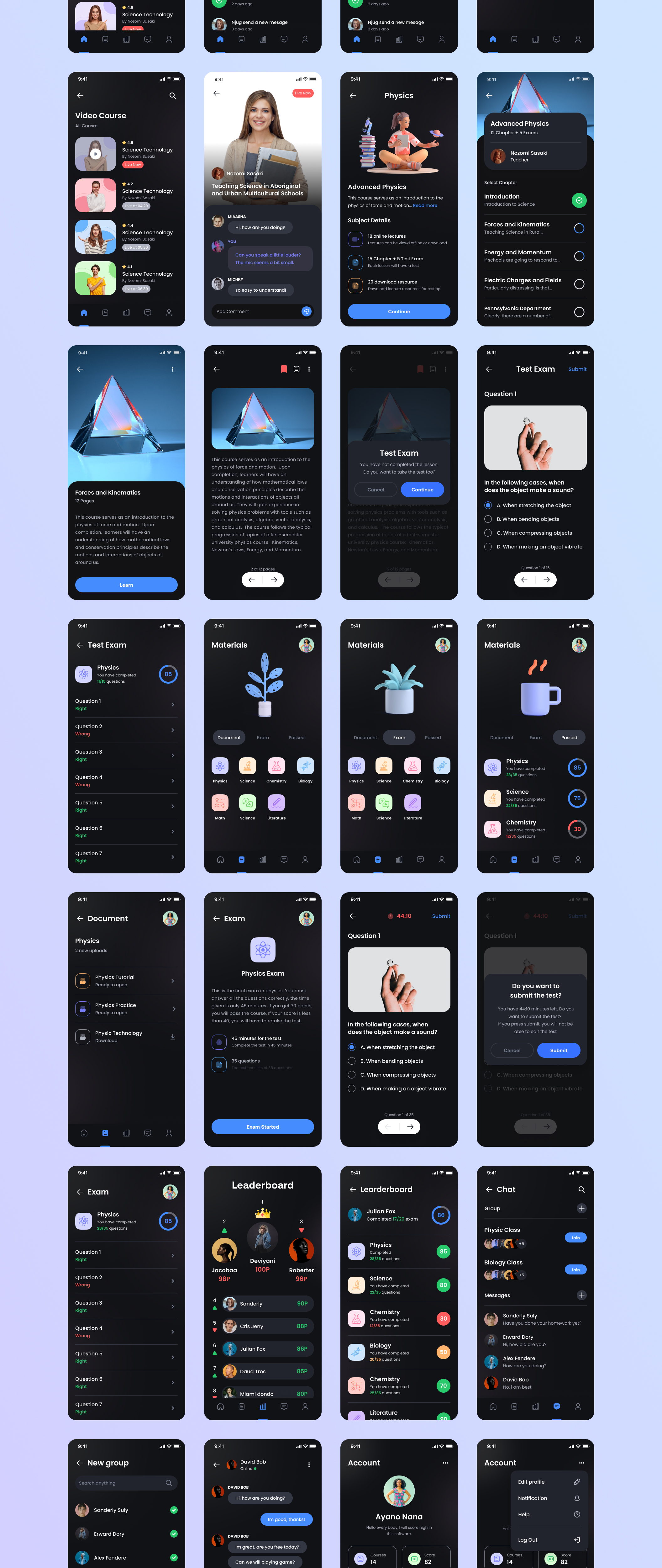 1257 时尚在线学习教育应用程序APP界面设计模板套件 Education App UI Design Kit