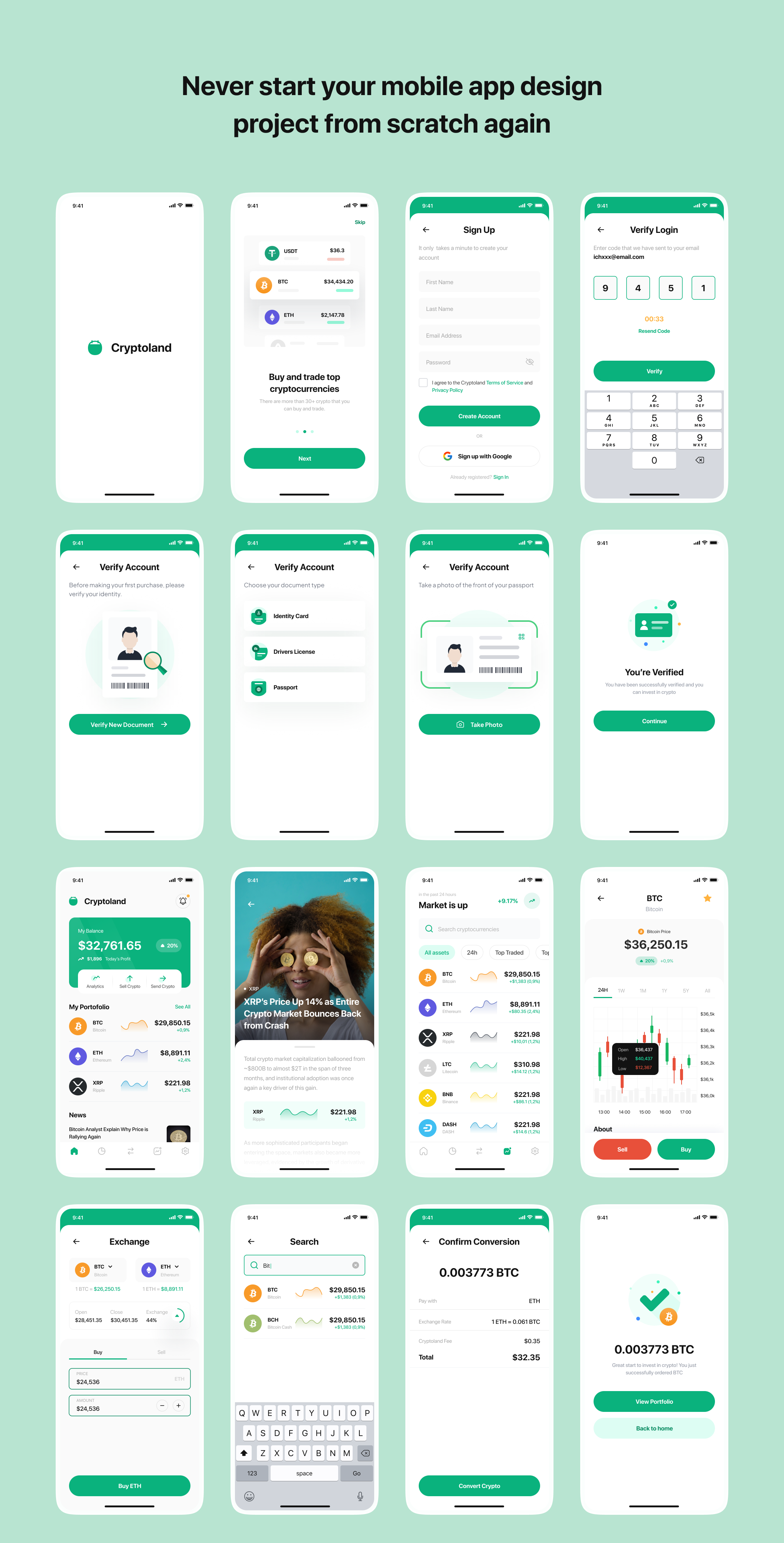 1261 现代极简金融理财股票应用程序APP界面设计模板 Cryptoland – Crypto Market App UI Kit