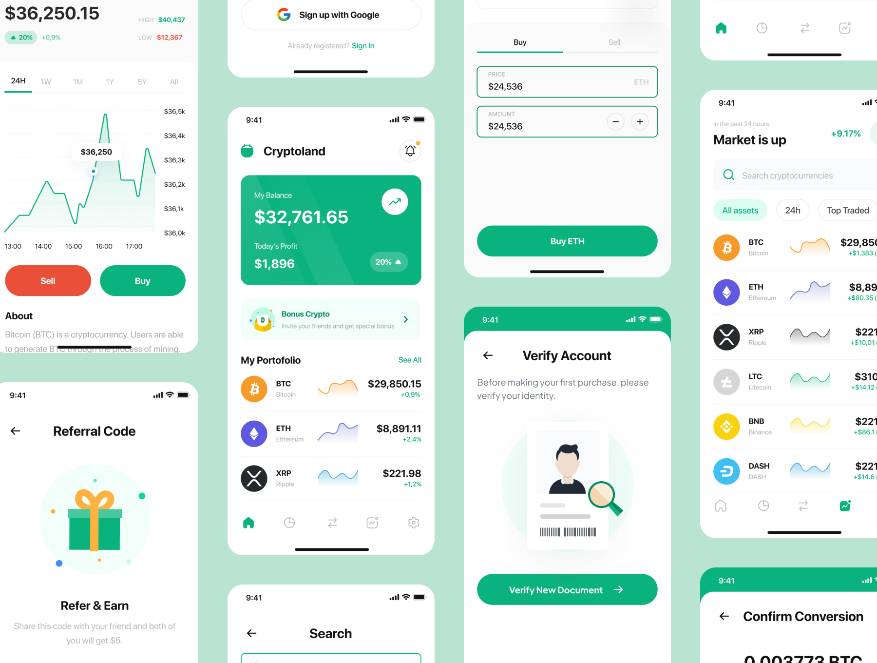 1261 现代极简金融理财股票应用程序APP界面设计模板 Cryptoland – Crypto Market App UI Kit