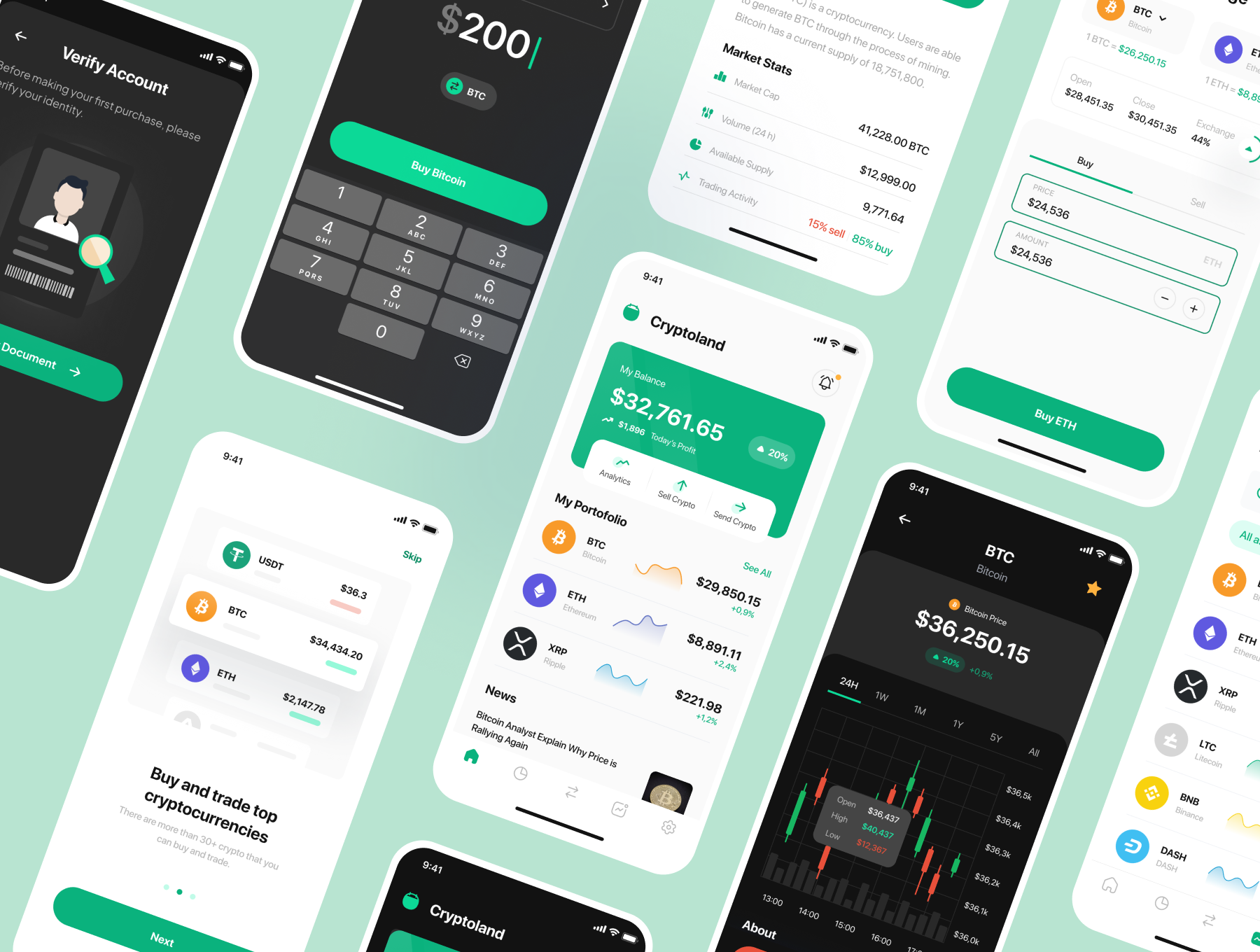 1261 现代极简金融理财股票应用程序APP界面设计模板 Cryptoland – Crypto Market App UI Kit