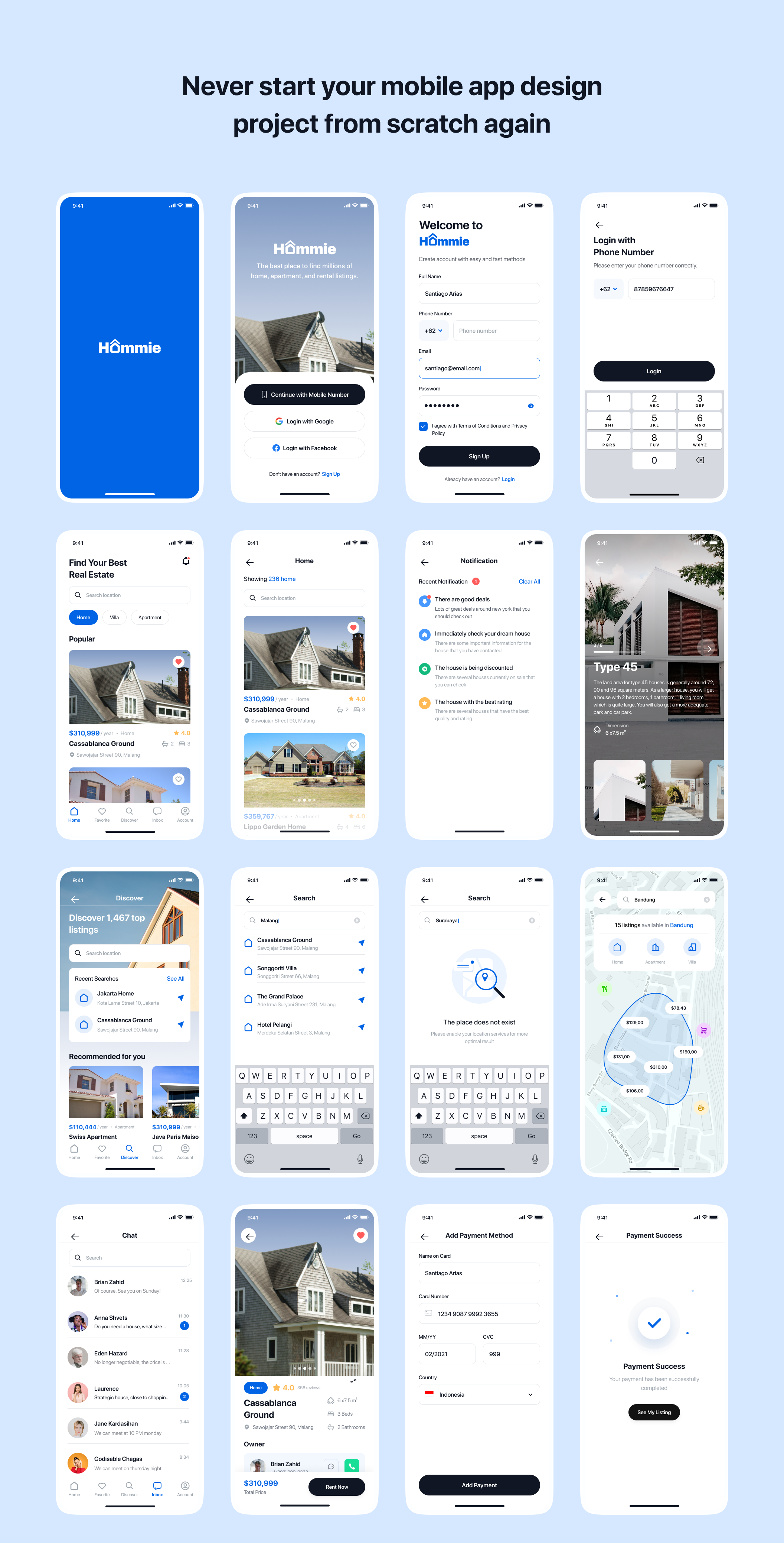 1262 现代简约房地产房屋租赁APP应用程序UI套件素材 Hommie – Real Estate App UI Kit