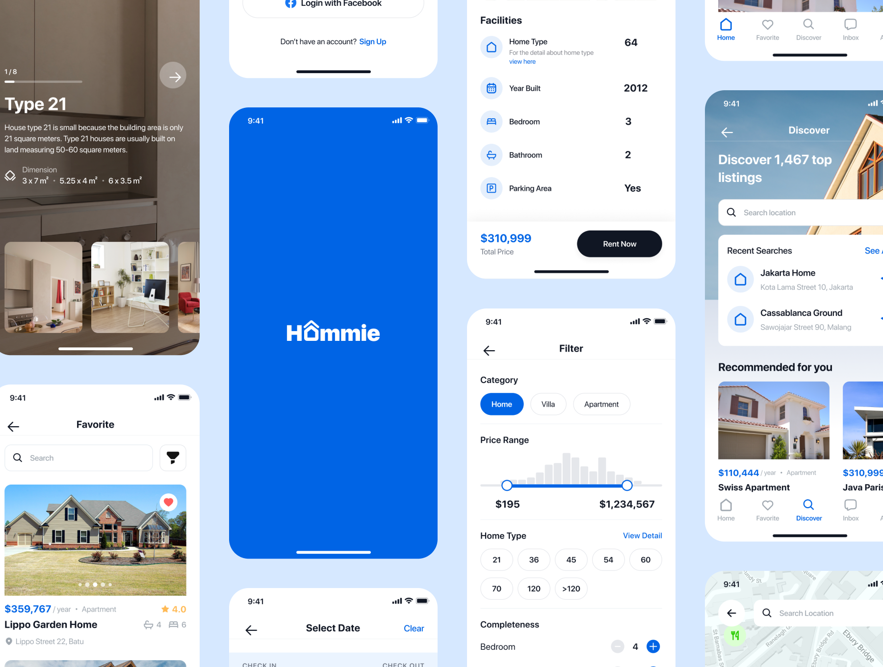 1262 现代简约房地产房屋租赁APP应用程序UI套件素材 Hommie – Real Estate App UI Kit