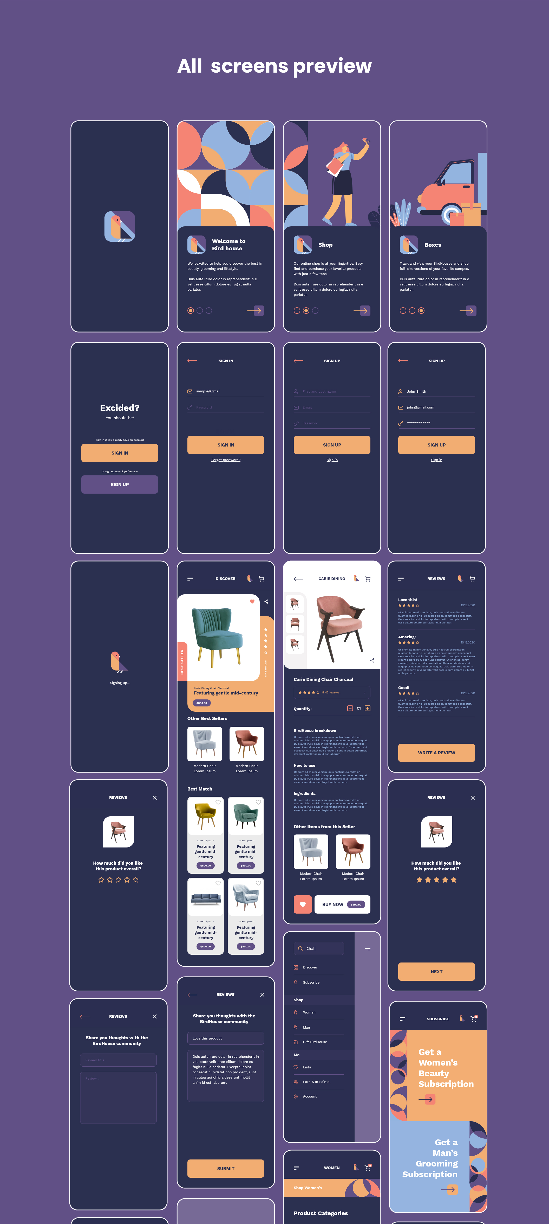 1273 移动购物在线商城应用程序 UI 套件Mobile Shopping Application UI Kit – BirdHouse