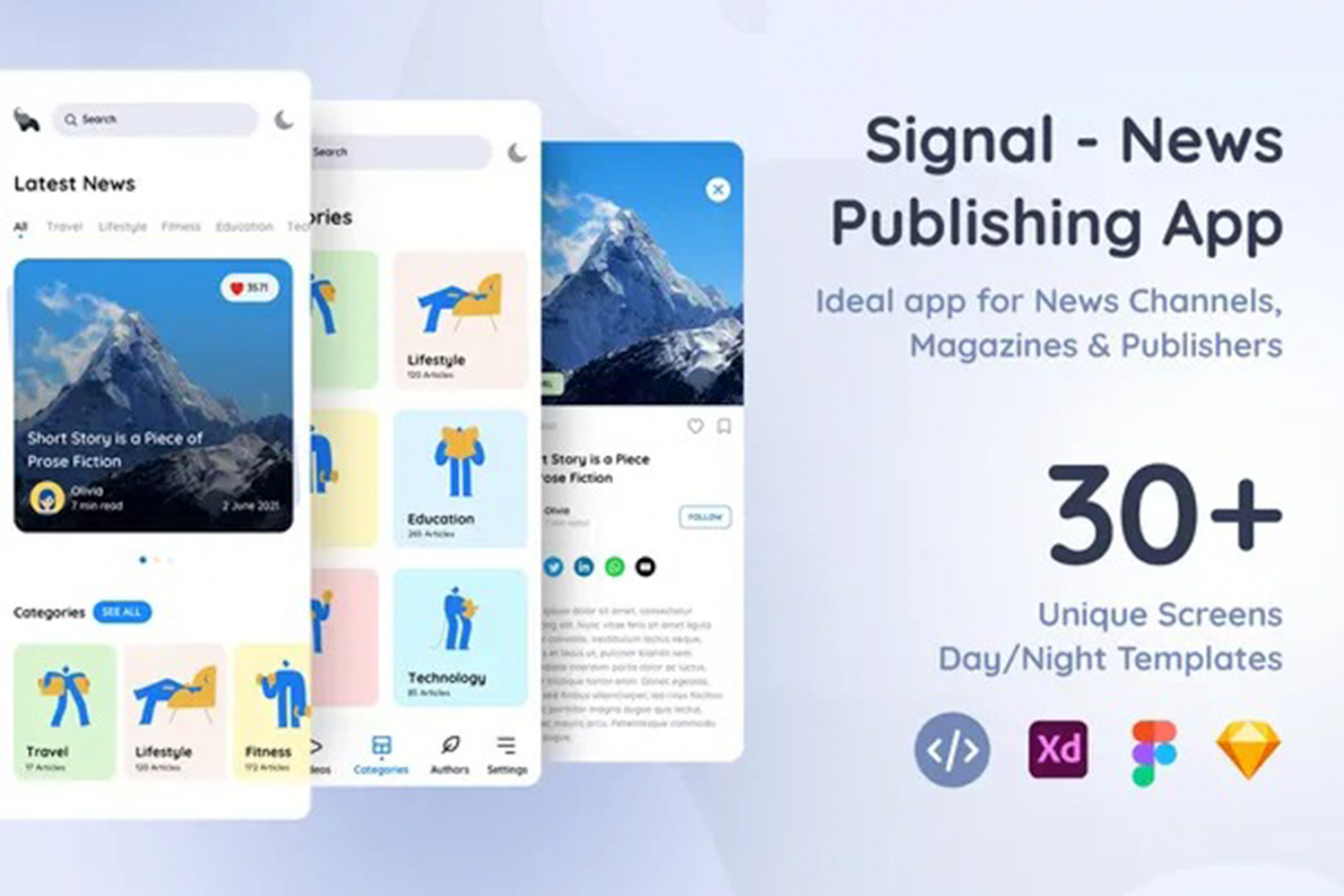 1267 新闻发布媒体应用程序APP设计UI模板 Signal – News Publishing App Sketch Template