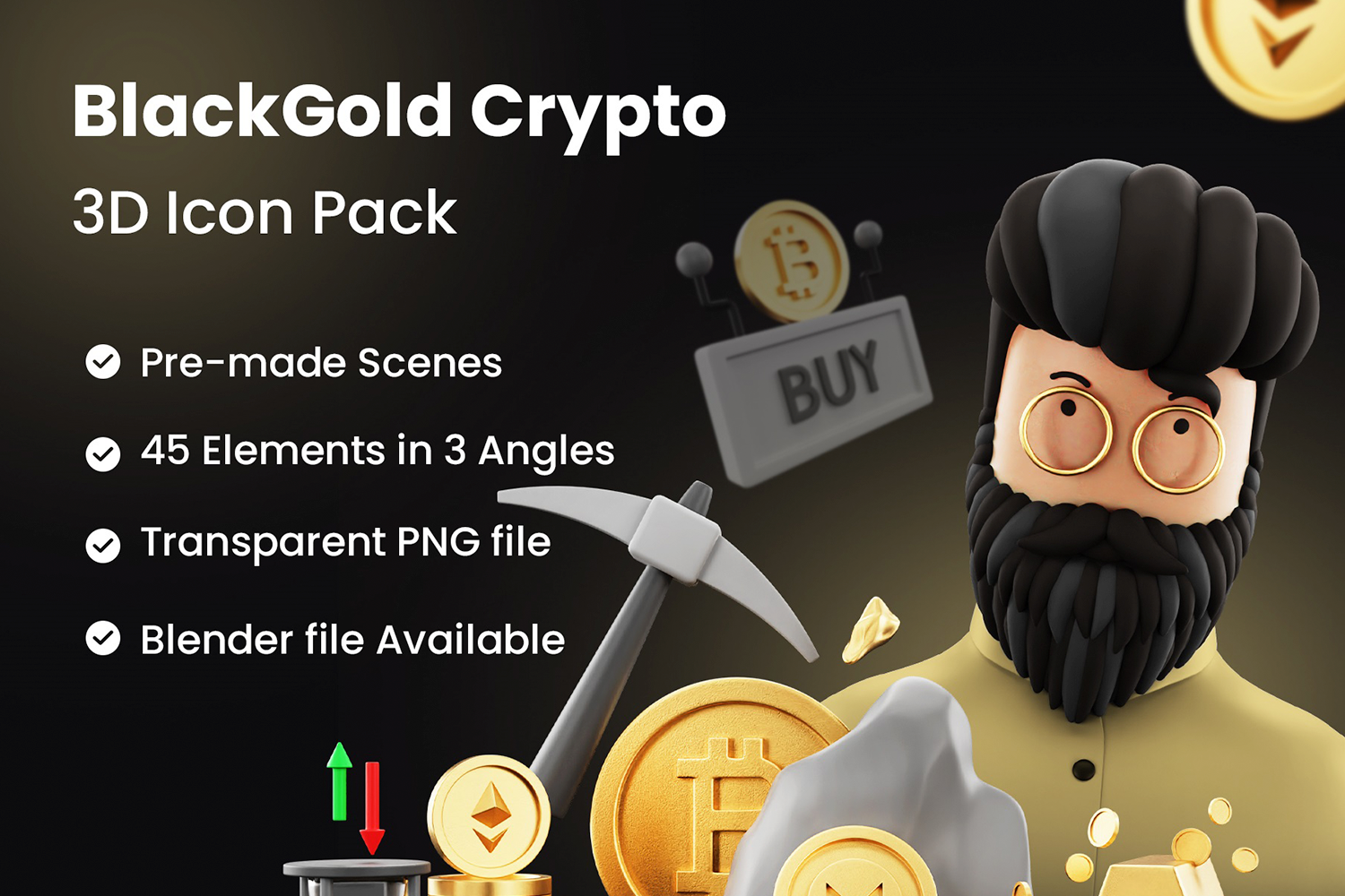 1235 250+非常有质感的金色加密货币3D图标素材包 BlackGold – Cryptocurrency 3D Icon Pack