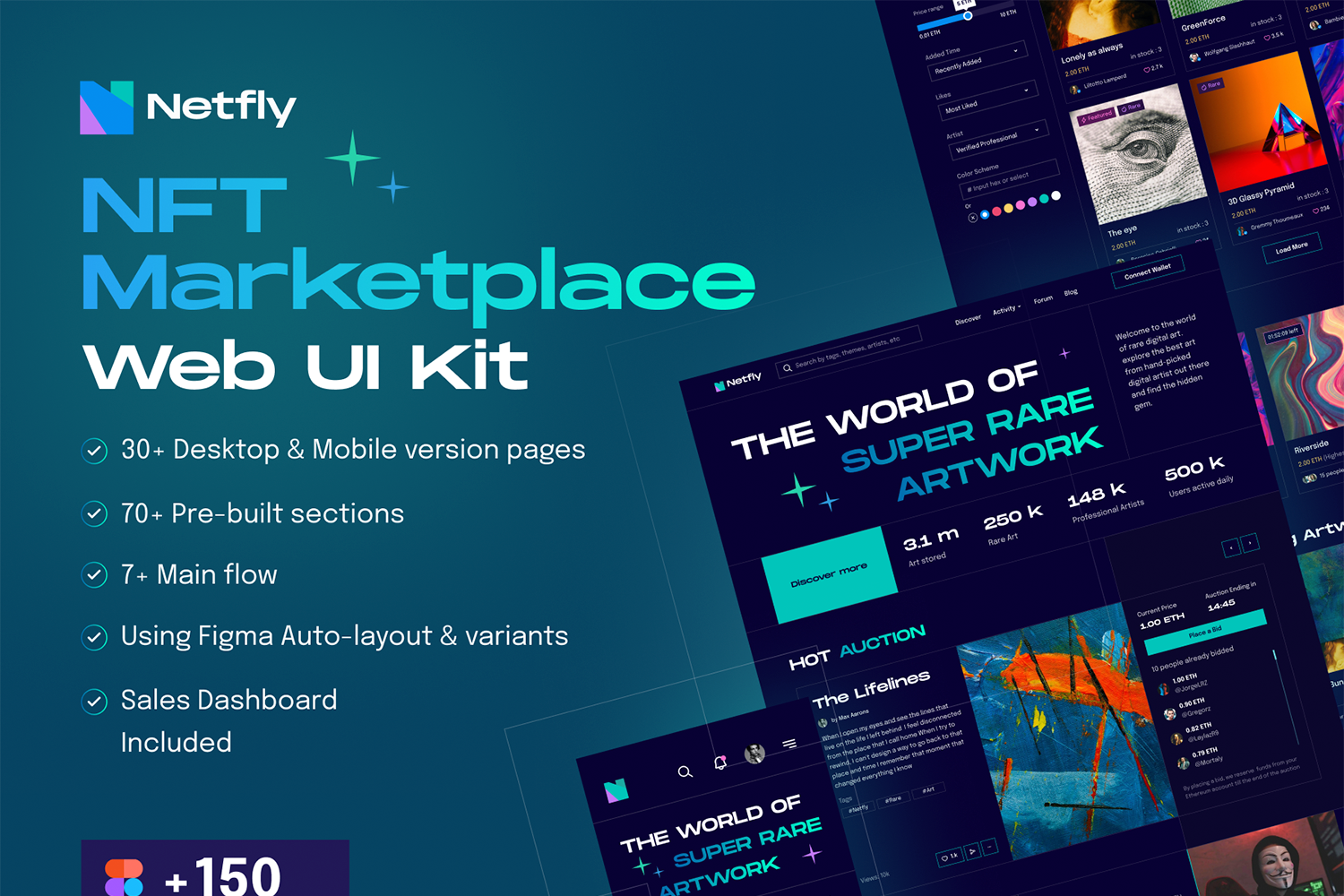 1221 30+现代暗黑响应式网页界面设计模板套件 Netfly – NFT Marketplace Web UI Design Kit