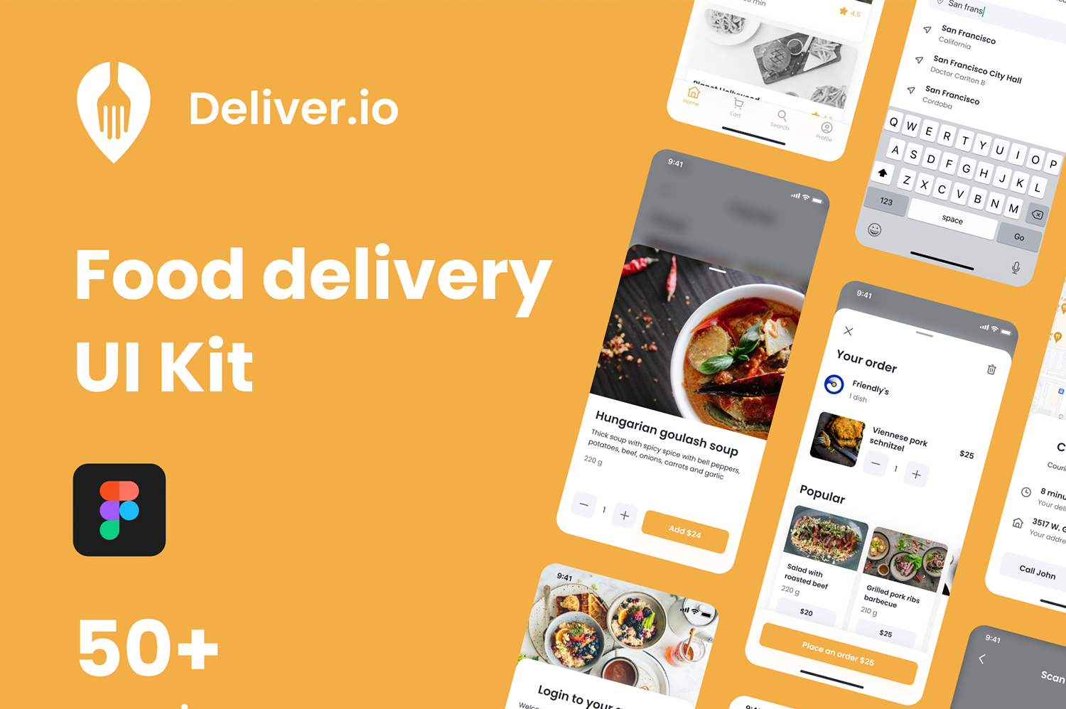 1180 外卖类手机ui欣赏,美食预订配送app界面设计模板 Deliver.io – Food Delivery Mobile App