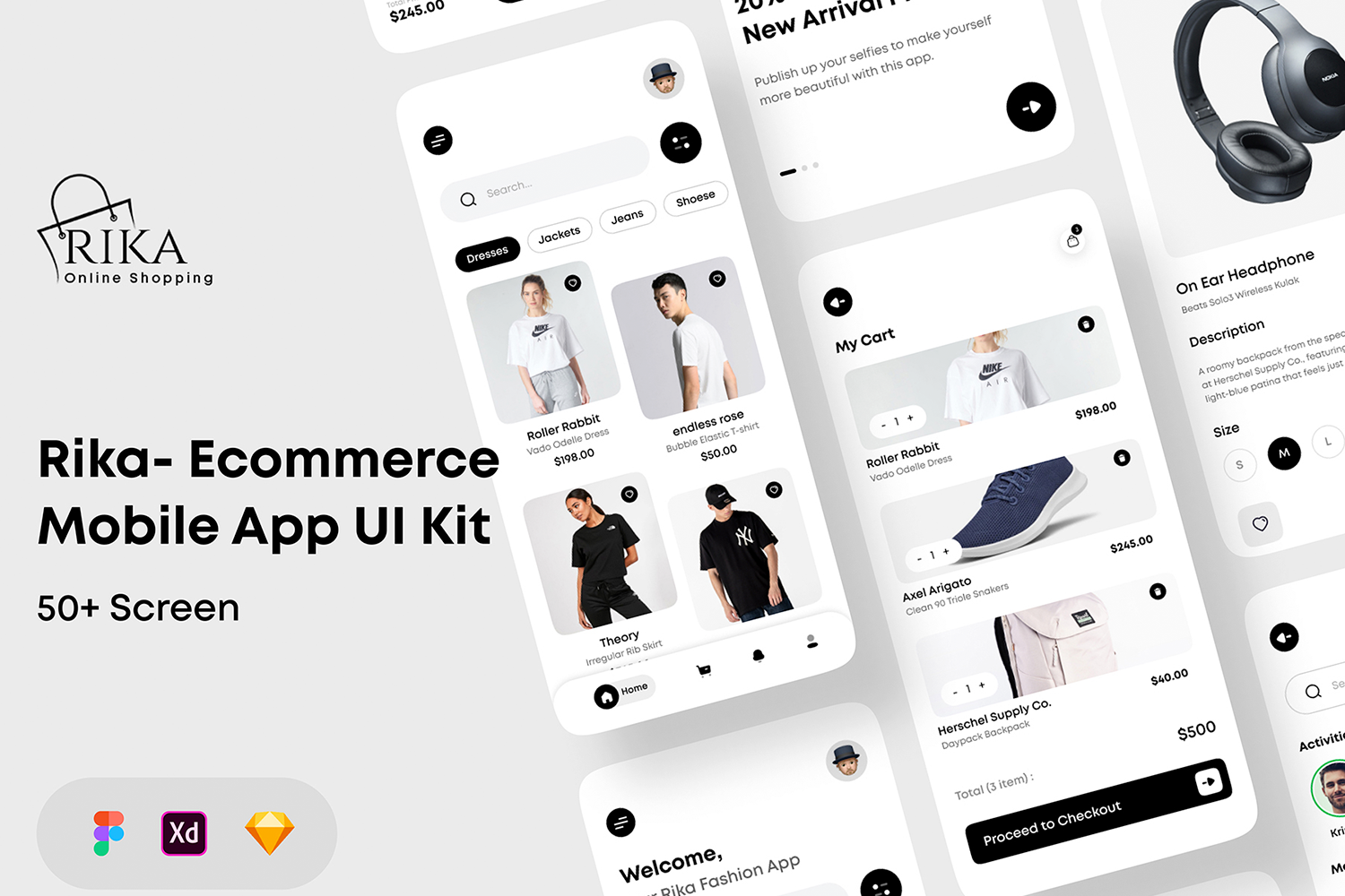 1175 手机电商app设计黑白ui套件sketch模板一套 Rika – eCommerce Mobile App UI Kit