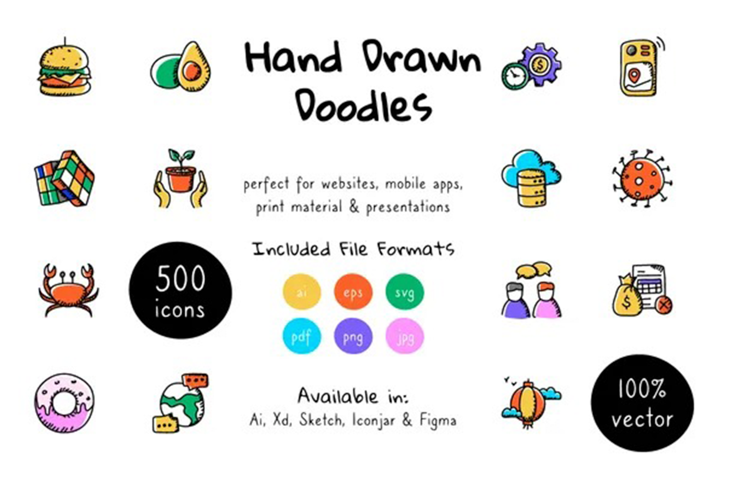 1143 500款精美彩色卡通手绘涂鸦线面矢量图标icon素材sketch源文件 500 Doodle Icons