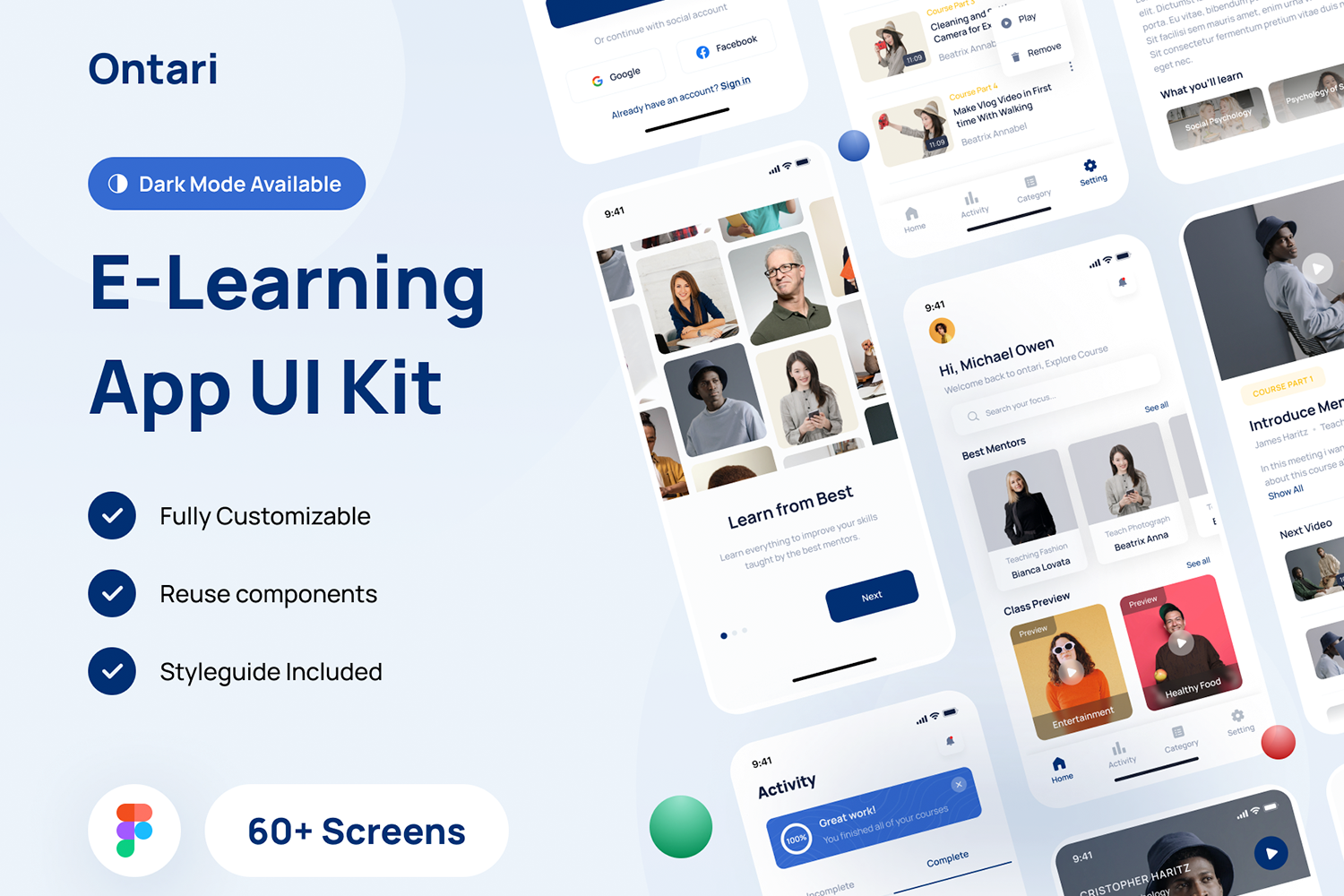 1137 60张明暗主题国外在线教育网上学习辅导班手机app设计ui模板套件 Ontari – E-Learning App UI Kit