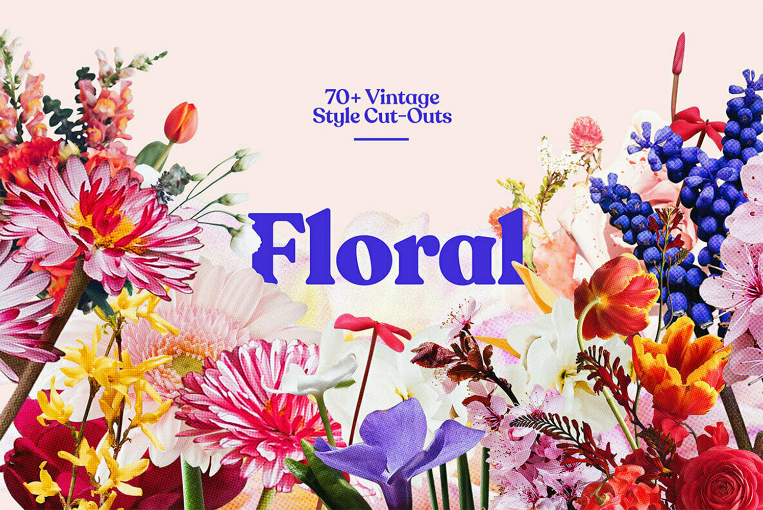 1083 71款高清复古半调颗粒效果花卉插画PNG免扣图片素材 70+ Vintage Floral Cut-Outs
