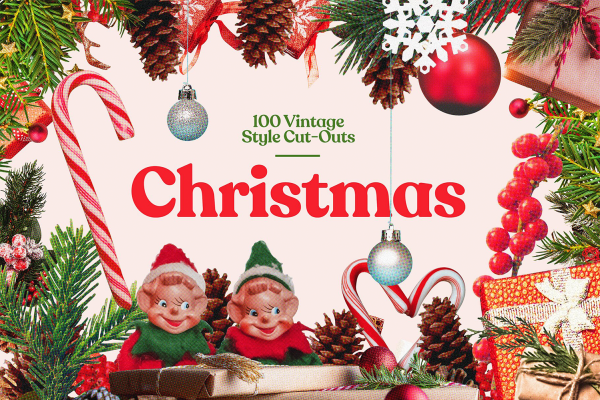1084 106款潮流复古半调怀旧圣诞节新年礼物png免抠剪纸拼贴设计素材 Vintage-Christmas-Cut-Outs