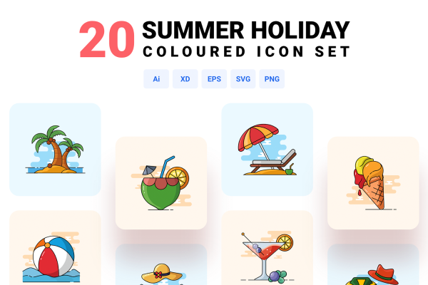 1126 20个夏季旅游度假海边派对图标Icon彩色Summer holiday – Coloured icon set