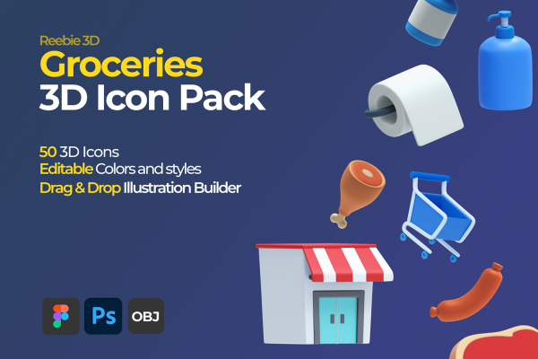 1135 50个高清优质杂货商店日常用品3D图标icon素材合集psd源文件 Reebie 3D Groceries Pack