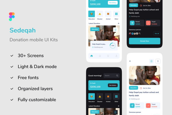 1153 多个带暗黑模式现代风格ui设计素材下载提供figma格式 Sedeqah – Donation mobile app UI Kit