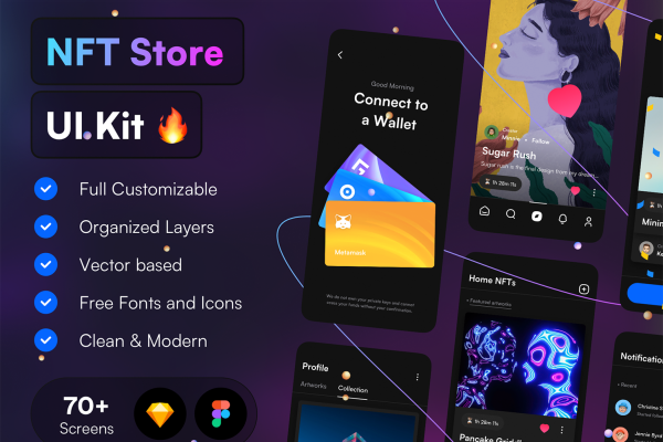 1163 金融类ui设计灵感,NFT艺术品数字加密货币在线商城sketch模板 NFT Store UI Kit