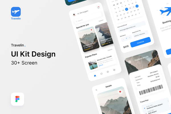 1171 清爽扁平旅游出行预订手机ui模板百度云免费下载 Travelin UI KIT