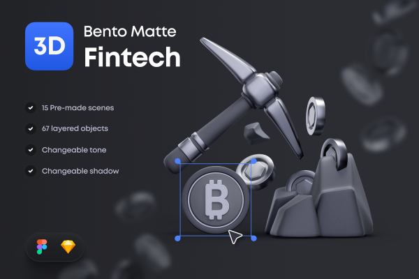 1173 深色金属样式区块链加密技术3D图标模型_三维立体比特币挖矿icon图标素材 Bento Matte 3D Fintech