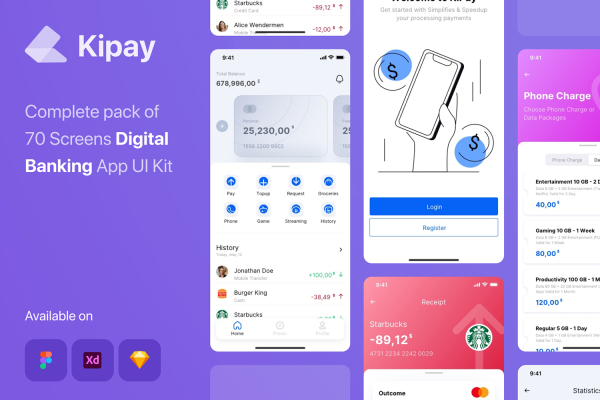 1176 手机银行app界面设计模板ui模板Kipay – Digital Banking App UI Kit