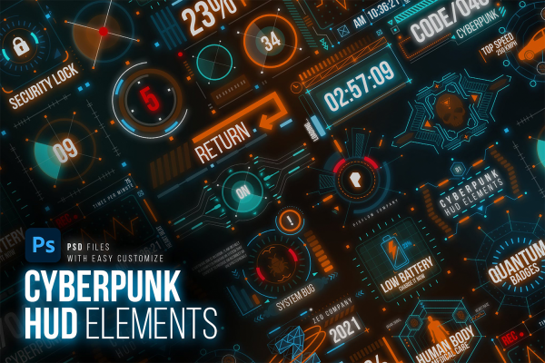 1194 20款酷炫未来科幻赛博朋克HUD平行显示仪表盘ui设计ps素材源文件 cyberpunk hud elements