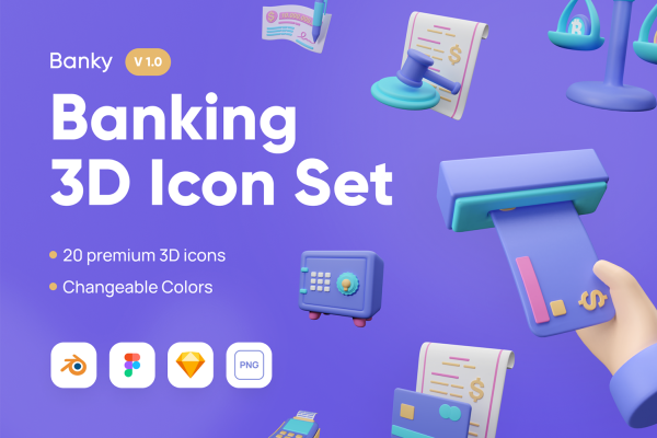 1217 20款高清银行金融业务办理演示3D图标icon合集png免抠图设计素材 Banky – Banking 3D Icon Set