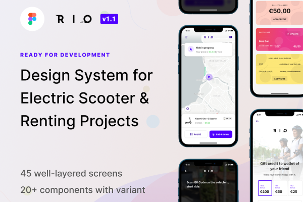 1241 电动滑板车共享租赁在线程序UI设计APP模板 Rio — Design System for Electric Scooters