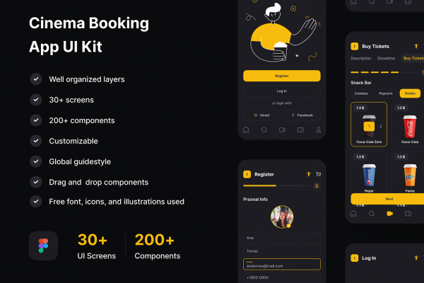 1242 电影影院在线购票APP设计UI模版Cinecon – Cinema Booking App UI Kit