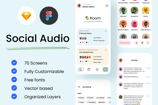 1255 社交音频在线音乐应用程序APP UI套件 Social Audio App UI Kit