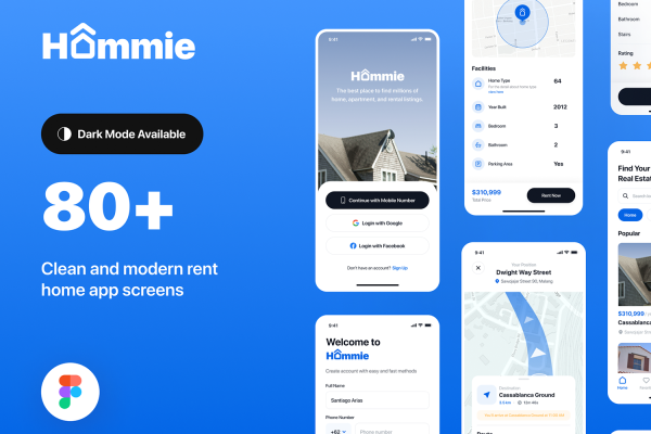 1262 现代简约房地产房屋租赁APP应用程序UI套件素材 Hommie – Real Estate App UI Kit