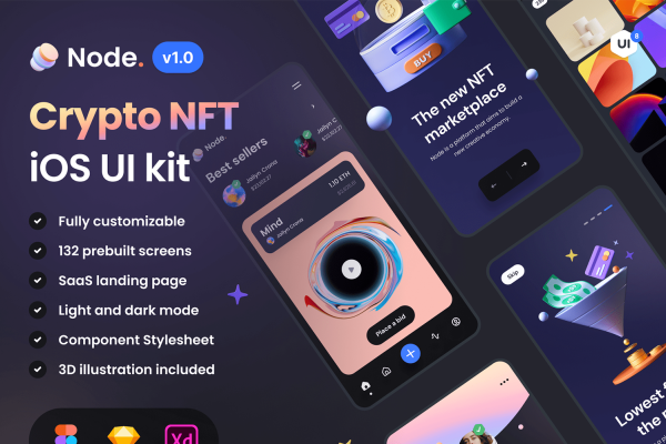 1269 炫酷金融加密货币钱包APP应用程序UI界面设计套件 Node – Crypto NFT iOS UI Kit