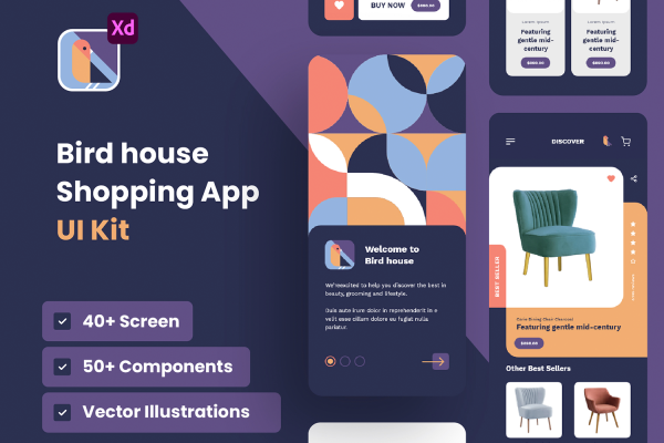 1273 移动购物在线商城应用程序 UI 套件Mobile Shopping Application UI Kit – BirdHouse