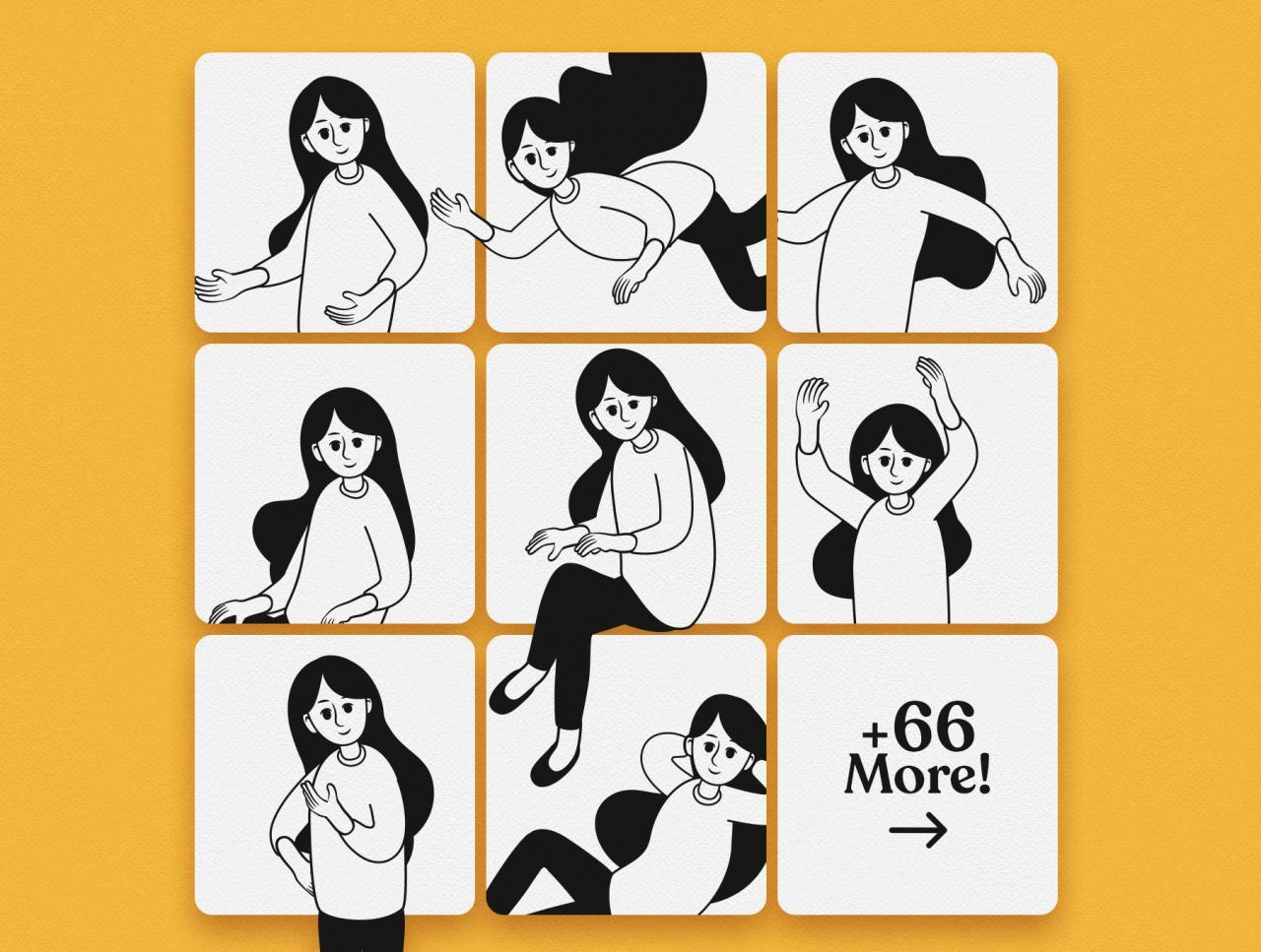 55 女性职场人物动作办公文具设备线条插画矢量素材包Character Set V01 Anne