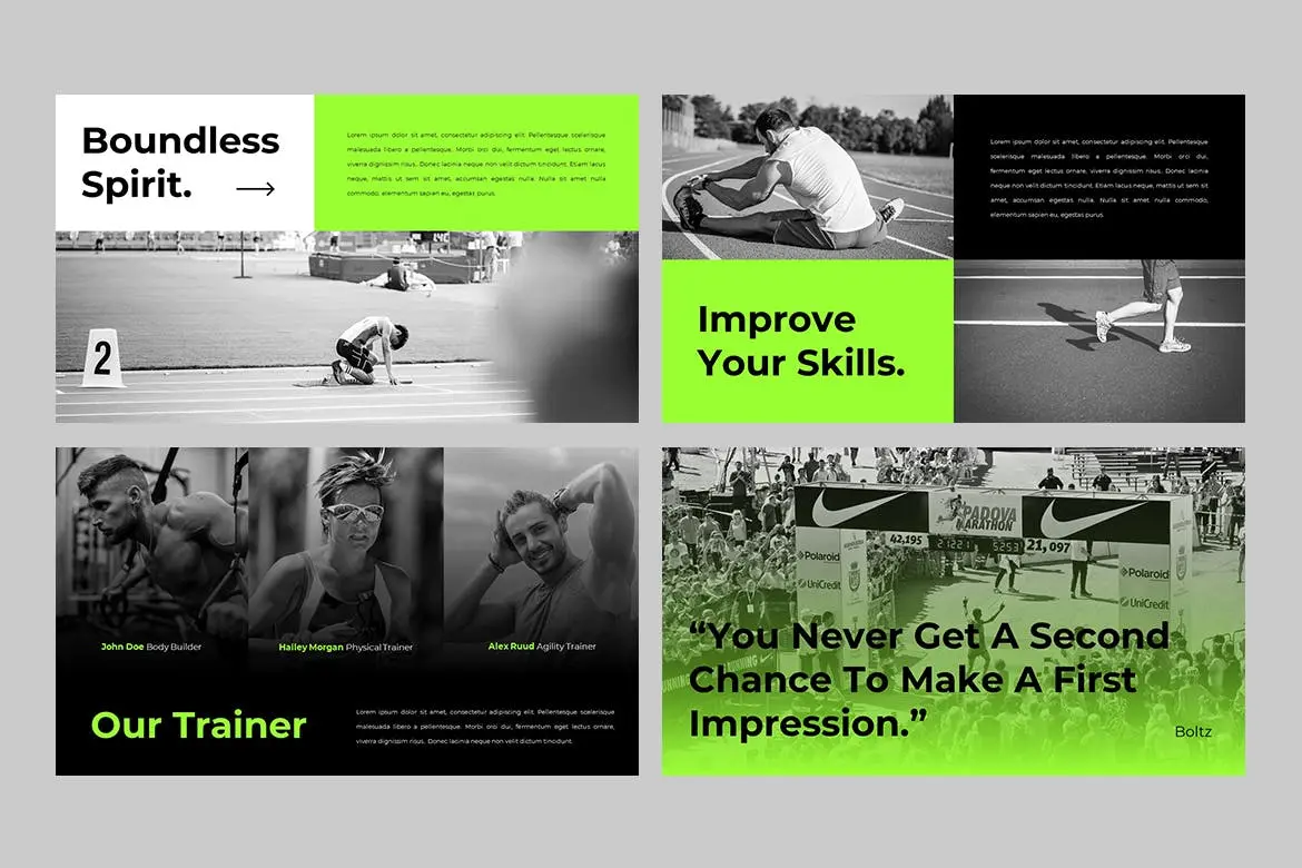 63 运动与健身PPT创意模板 BOLTZ – Sport & Fitness Powerpoint Template