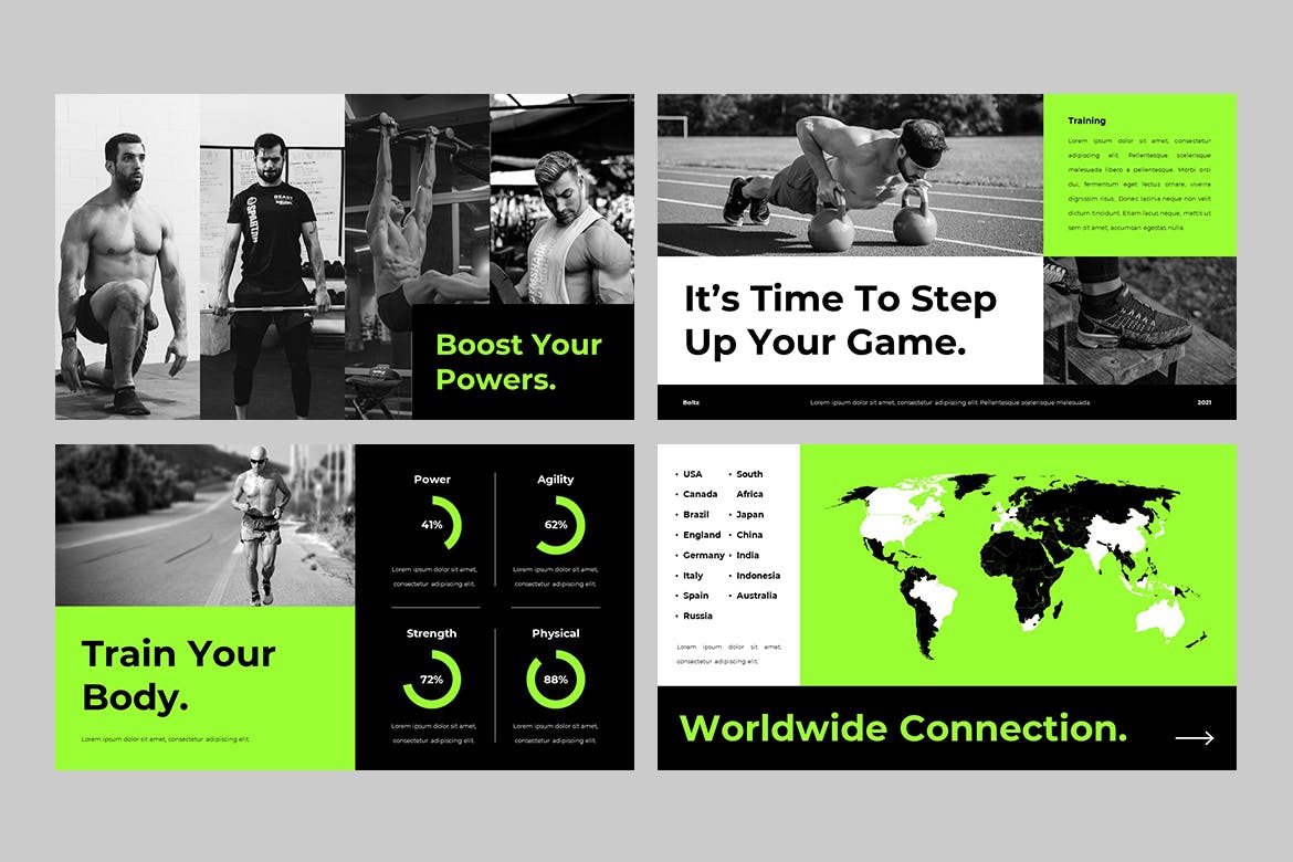 63 运动与健身PPT创意模板 BOLTZ – Sport & Fitness Powerpoint Template