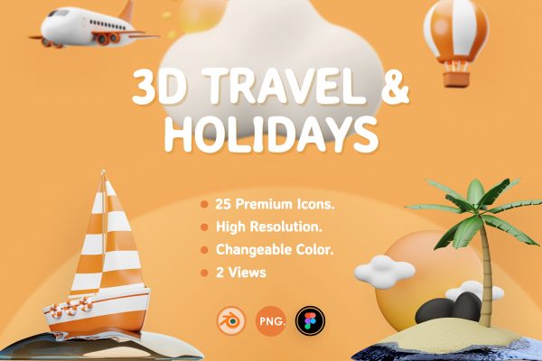 1287 3D旅行假期旅游相关图标Blend模型Fig素材 3D Travel and Holidays by Teguh Sultan