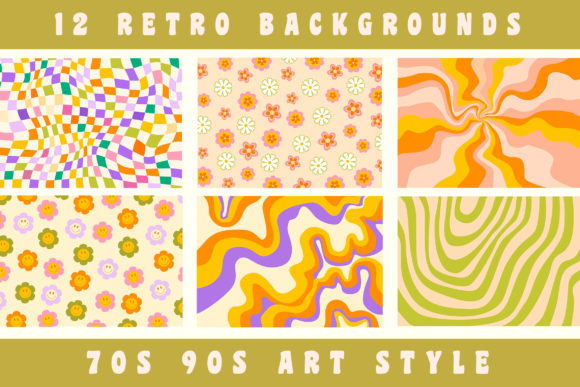 1330 复古嬉皮士放射背景数字纸 Canva Groovy Wave 90 年代 70 年代复古微笑花卉印花 12 Retro Textures