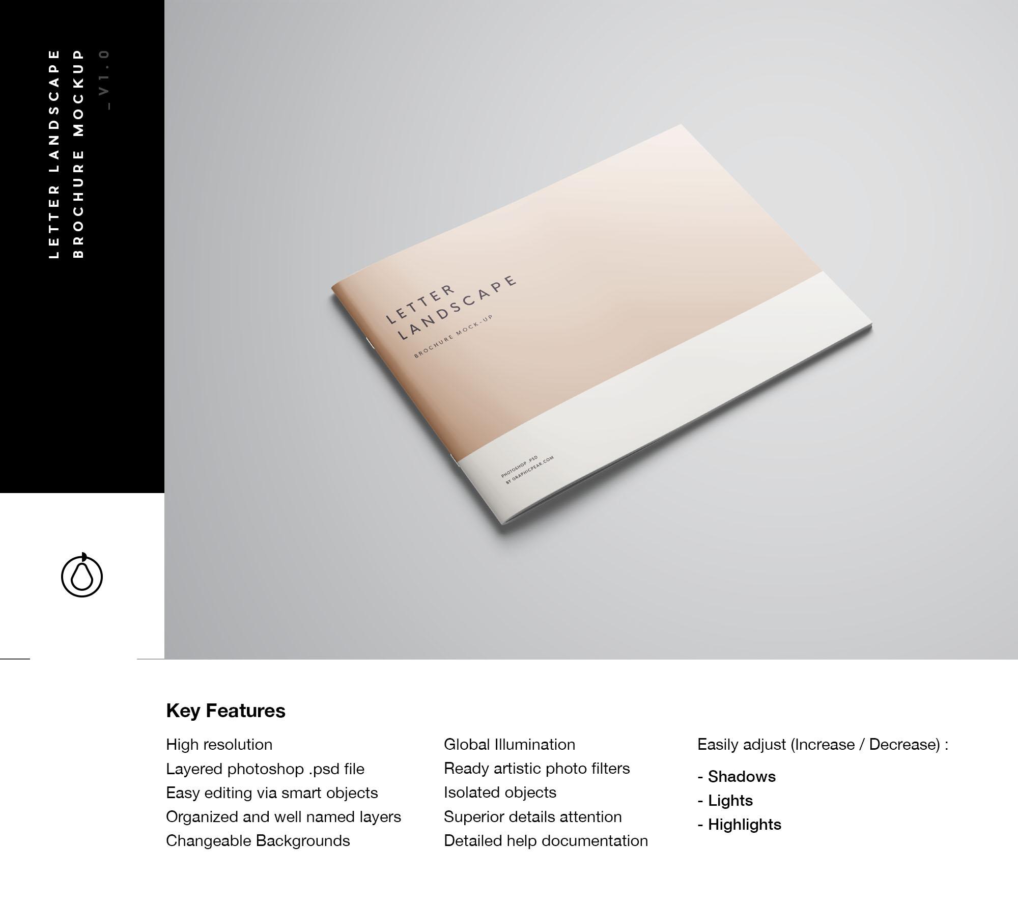 19 信纸尺寸规格横向小画册PS样机模板 Letter Landscape Brochure Mockup