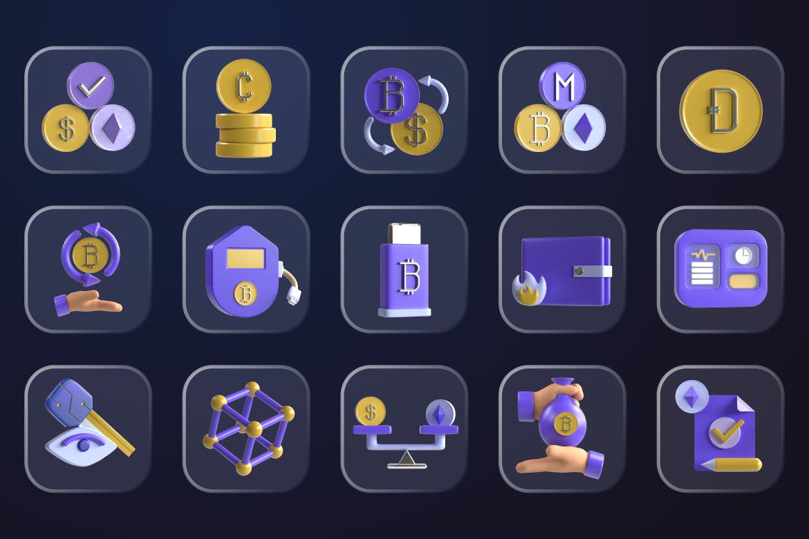 1468 3D加密虚拟货币C4D图标素材 3D Crypto Icons