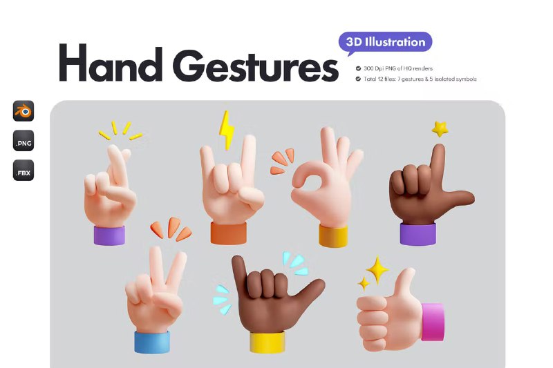 1470 3D手势图标Blend模型素材 3D Hand Gestures Icon Set