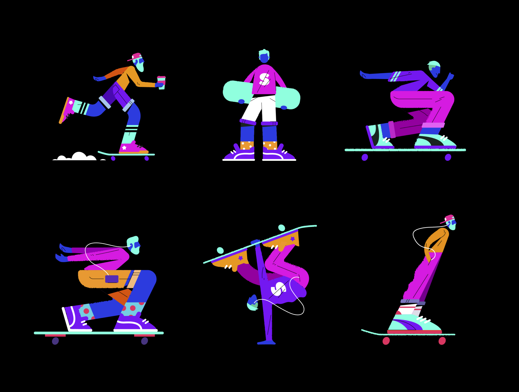 1491 12款霓虹滑板运动插图AI矢量素材 Neon skaters set