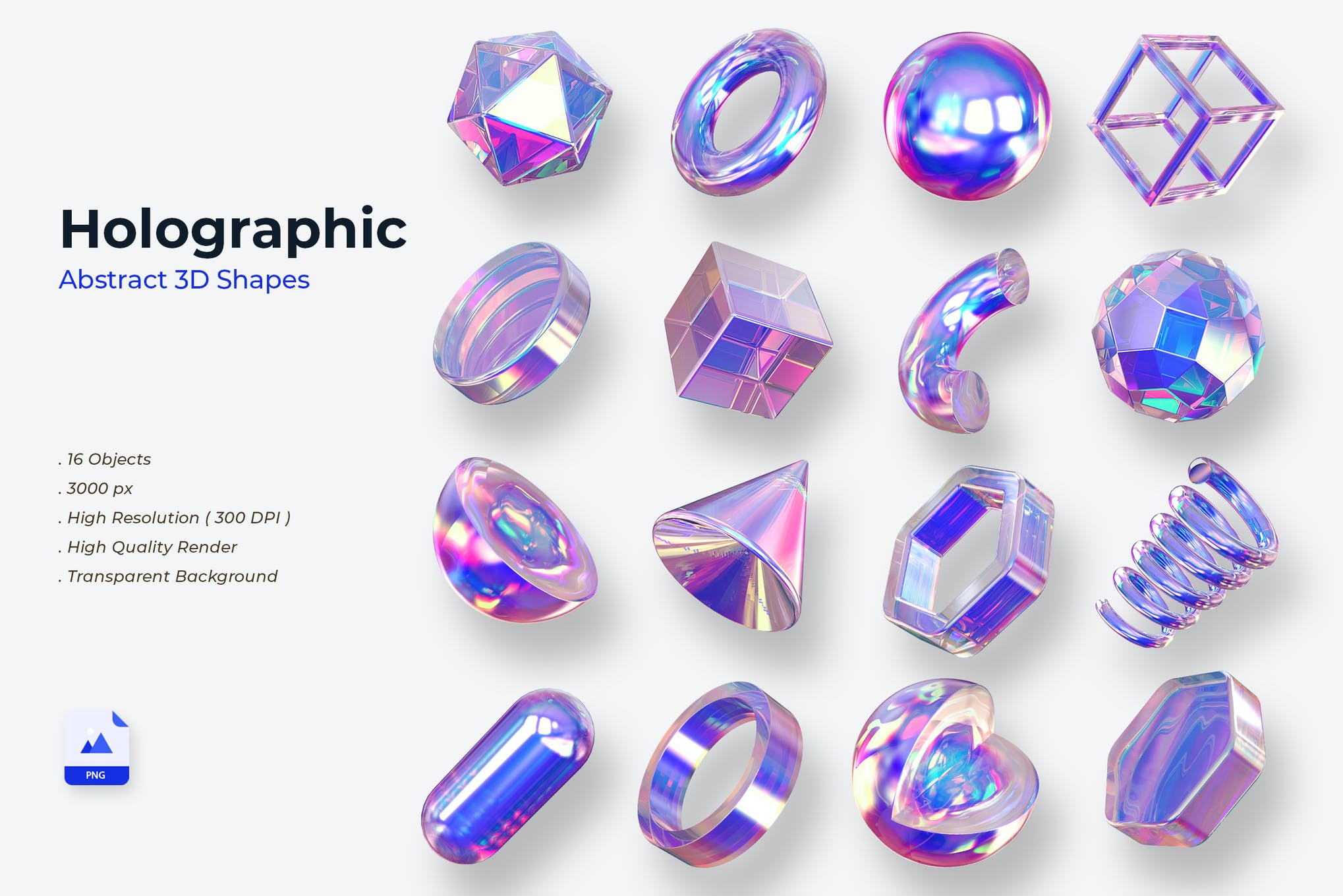 1496 16款全息3D图标PNG免抠元素 Holographic 3D Shapes Illustration Pack 02