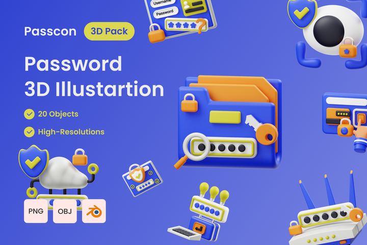 1498 20款3D加密密码文件夹上锁图标Blend模型Password 3D Illustration Pack