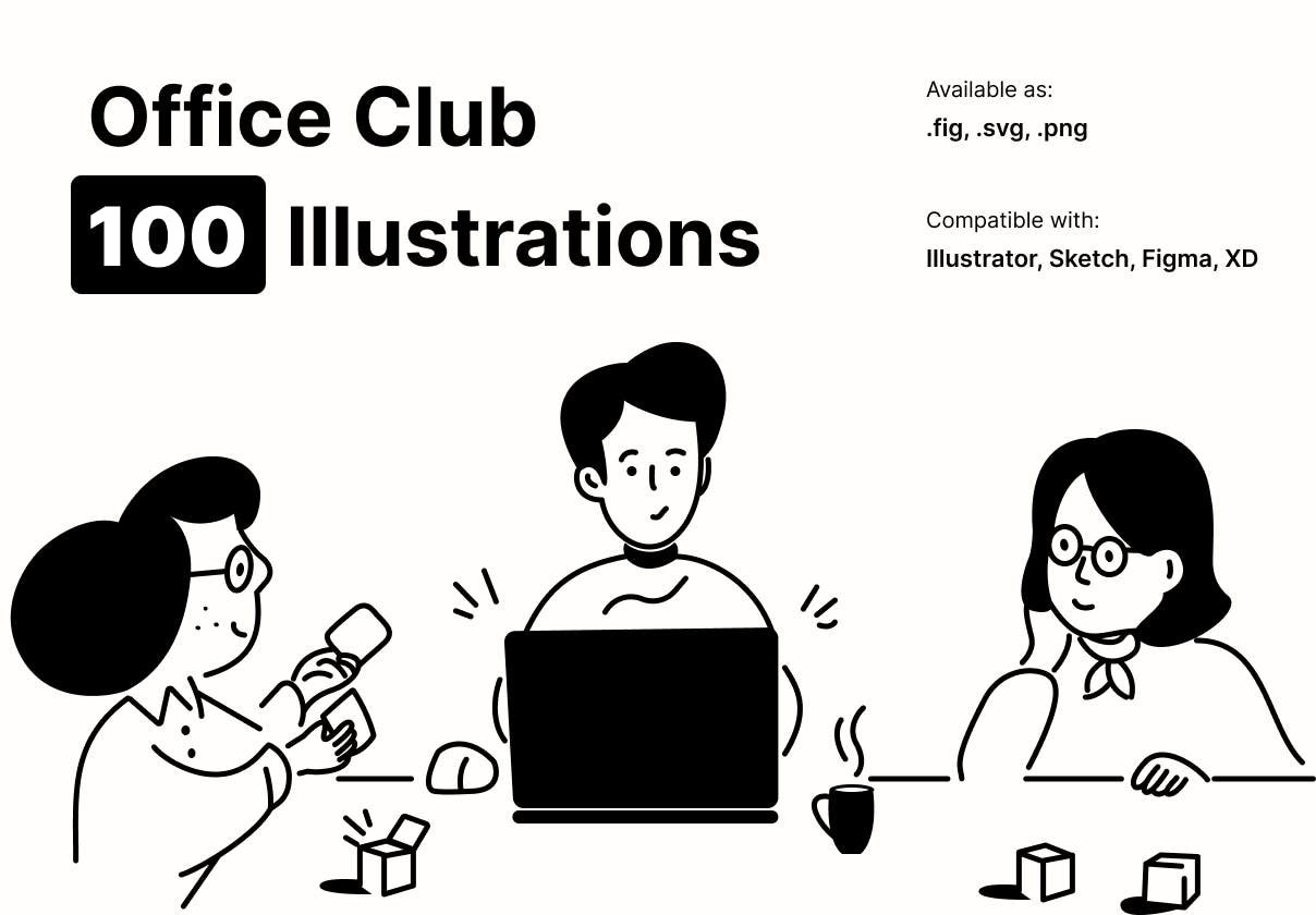 1535 100款手绘线性人物生活社交矢量插画插图fig源文件设计素材Office Club Illustration pack