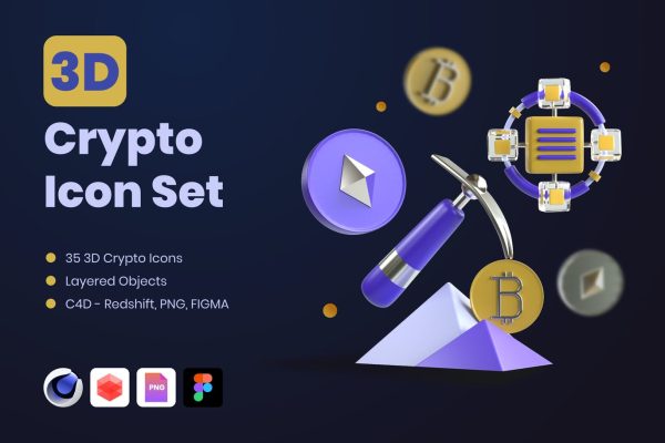 1468 3D加密虚拟货币C4D图标素材 3D Crypto Icons