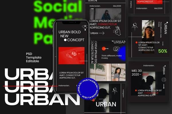 372 潮流黑色系品牌推广新媒体海报PSD模板 URBAN-Social Media Brand