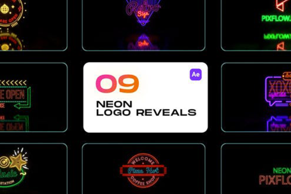 1481 9款赛博朋克霓虹灯光LOGO灯管AE模板 Neon Logo Reveals