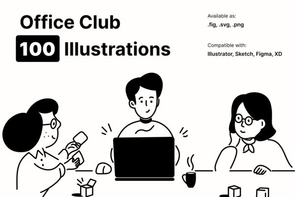 1535 100款手绘线性人物生活社交矢量插画插图fig源文件设计素材Office Club Illustration pack