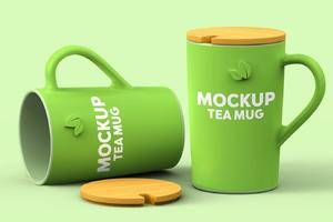 89 小清新陶瓷杯水杯饮料杯咖啡杯木盖茶杯PS样机 Tea Mug Mockups