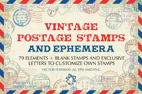1570 复古印章信件邮戳矢量素材合集Vintage Postage Stamps And Ephemera Vector Set