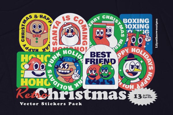 1620 圣诞卡通贴纸插图AI矢量素材 Christmas Sticker Illustration Pack